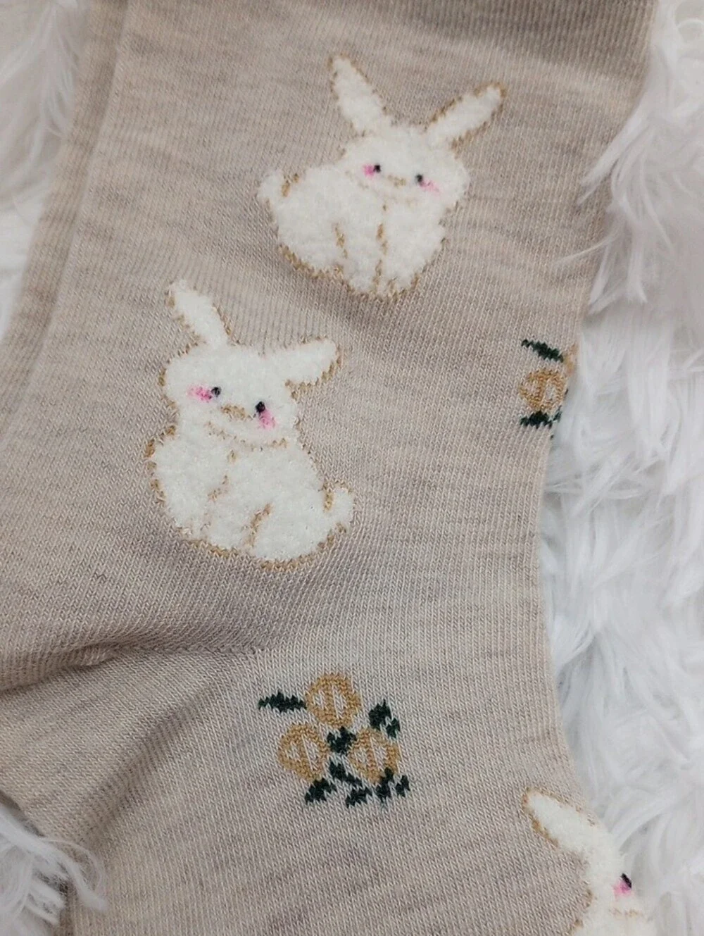 Taupe Cream Bunny Pattern Socks Mid-calf Scallop Cozy Socks